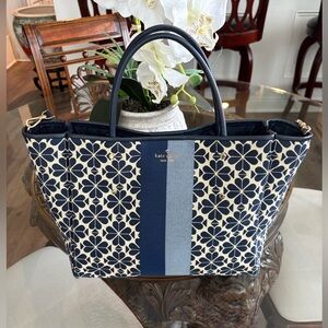 💙🤍KATE SPADE FLOWER JACQUARD STRIPE NAVY BLUE & CREAM TOTE BAG!💙🤍